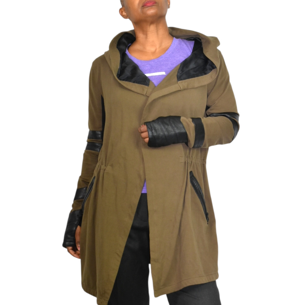 BLANC NOIR Maitri Traveler Jacket Green Olive Drape Hood Thumbhole Travel Medium